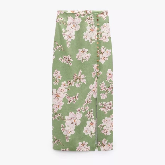 1 day sale! $15! NWT Zara Linen Blend Skirt Green Floral Size Small  3271/781 - Picture 4 of 15